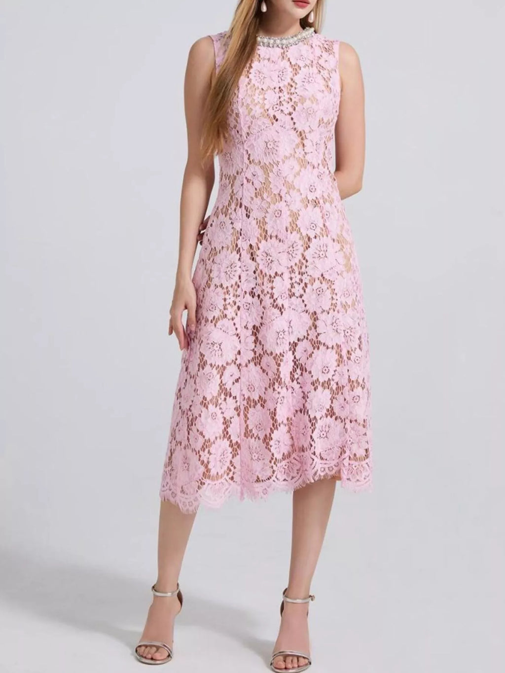 Pearl Neckline Sleeveless Lace Dress (24)