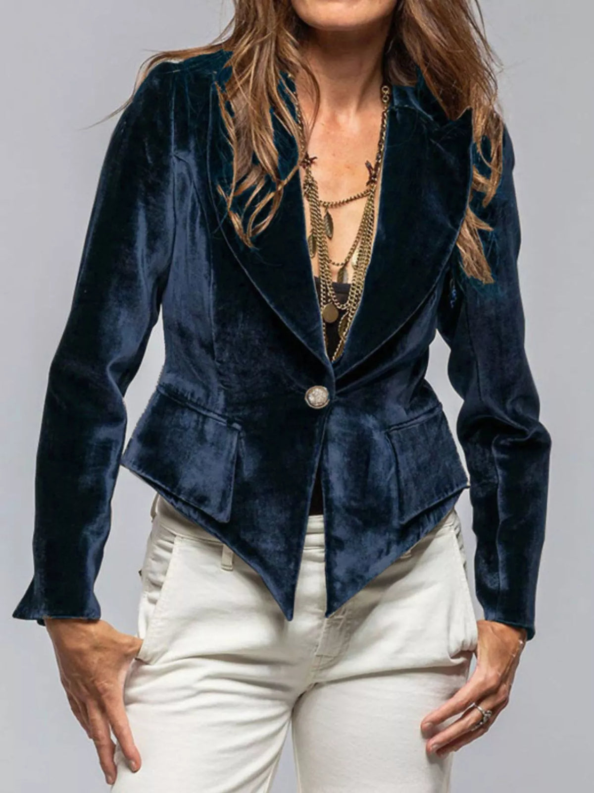 Velvet Lapel Collar One Button Blazer (10)
