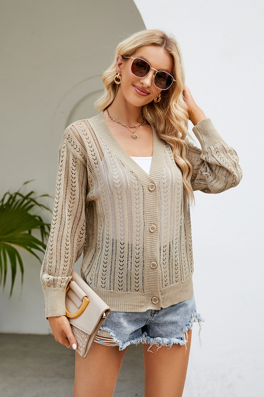 Openwork Button Front V-neck Cardigan (6)