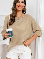 Rolled Round Neck Dropped Shoulder Slit Sweater (12)