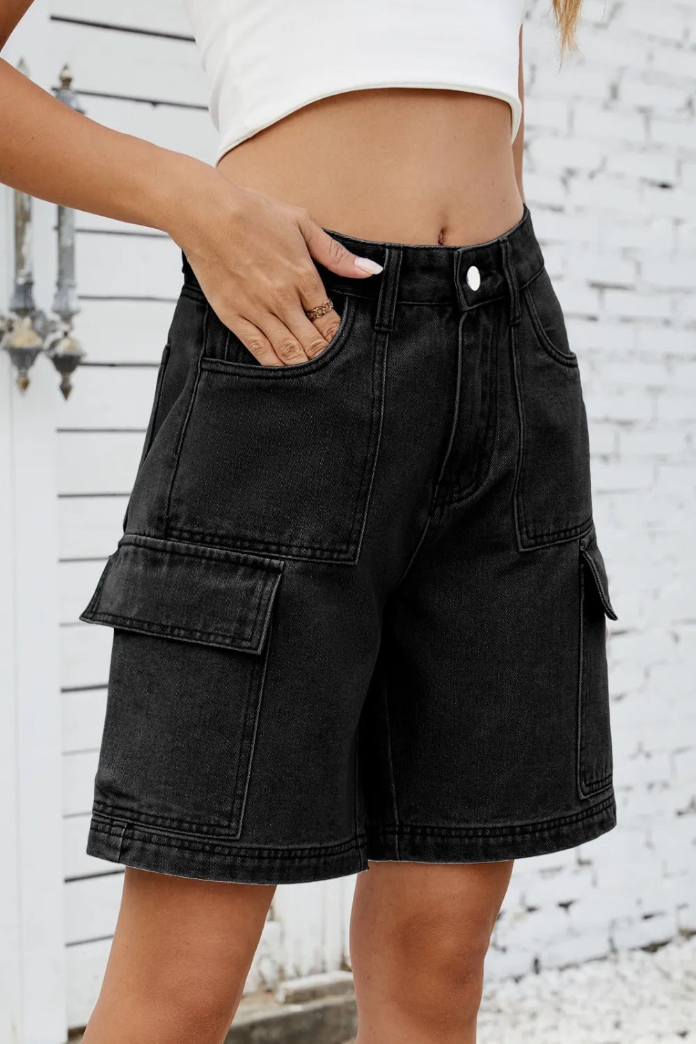 High Rise Denim Shorts Cargo Pockets (15)