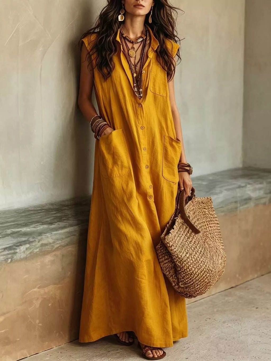 Sleeveless Button-down Linen Maxi Dress