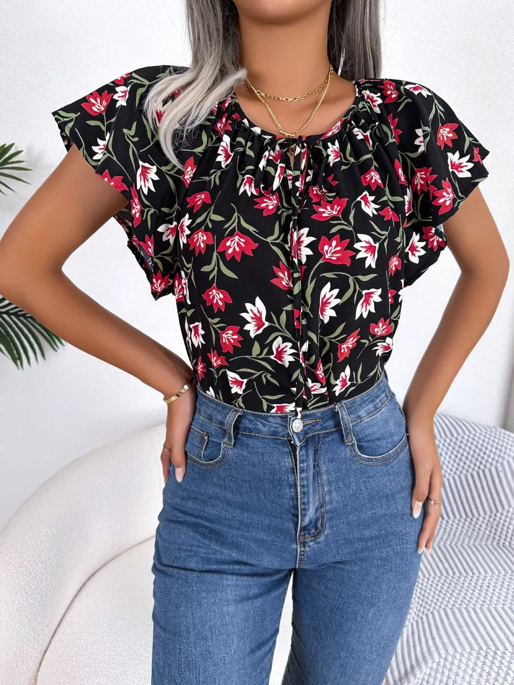 Floral Tie Neck Flutter Sleeve Blouse (2)