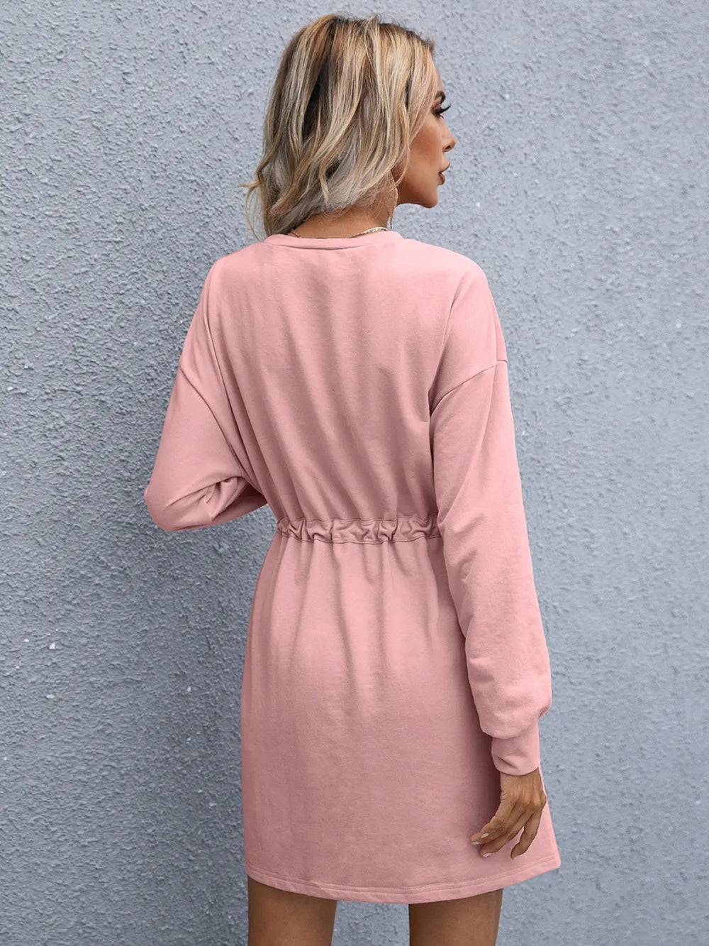 Drawstring Round Neck Dropped Shoulder Mini Dress (18)