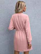 Drawstring Round Neck Dropped Shoulder Mini Dress (18)