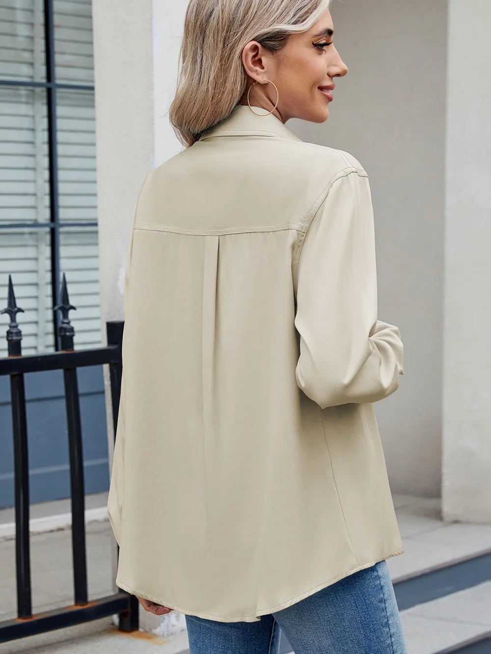 Solid Color Collared Neck Long Sleeve Shirt (9)