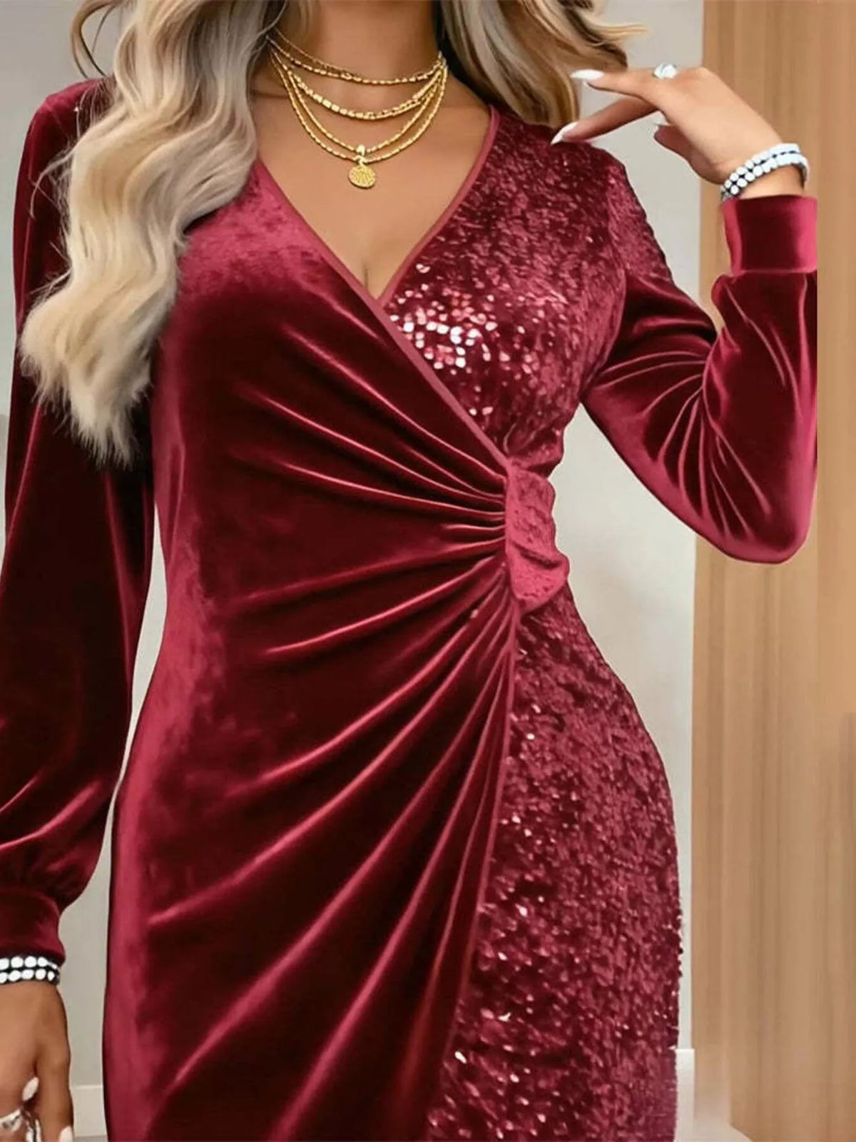 Velvet Sequin Long Sleeve Wrap Dress (11)