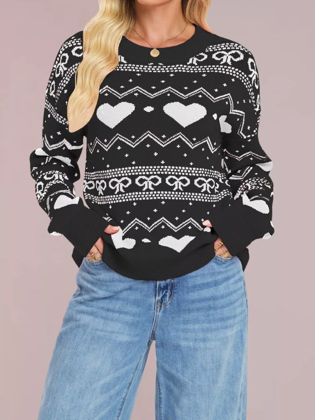 Heart Pattern Dropped Shoulder Sweater (7)