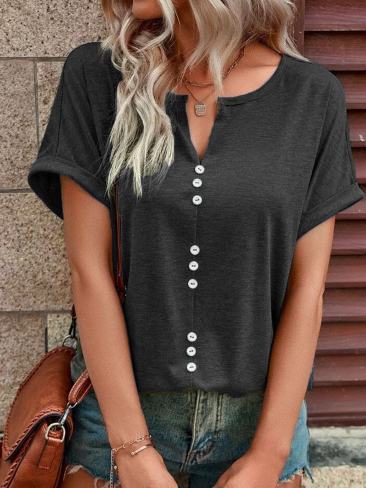 Full Size Decor Button Short Sleeve T-shirt Plus (26)