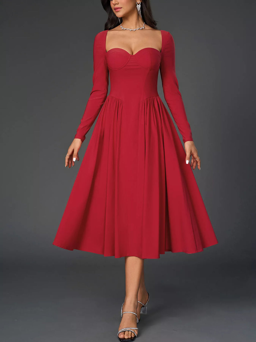 Sweetheart Neckline Long Sleeve A-line Midi Dress (5)