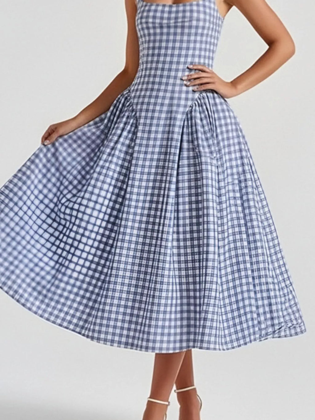 Full Size Plaid Square Neckline Midi Dress Plus (18)