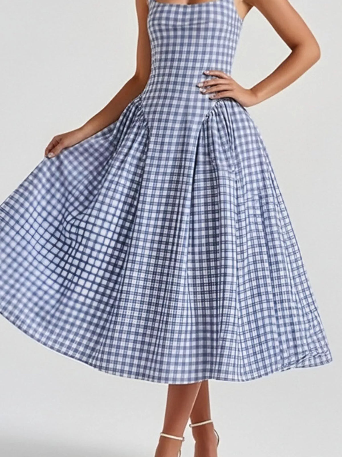 Full Size Plaid Square Neckline Midi Dress Plus (18)