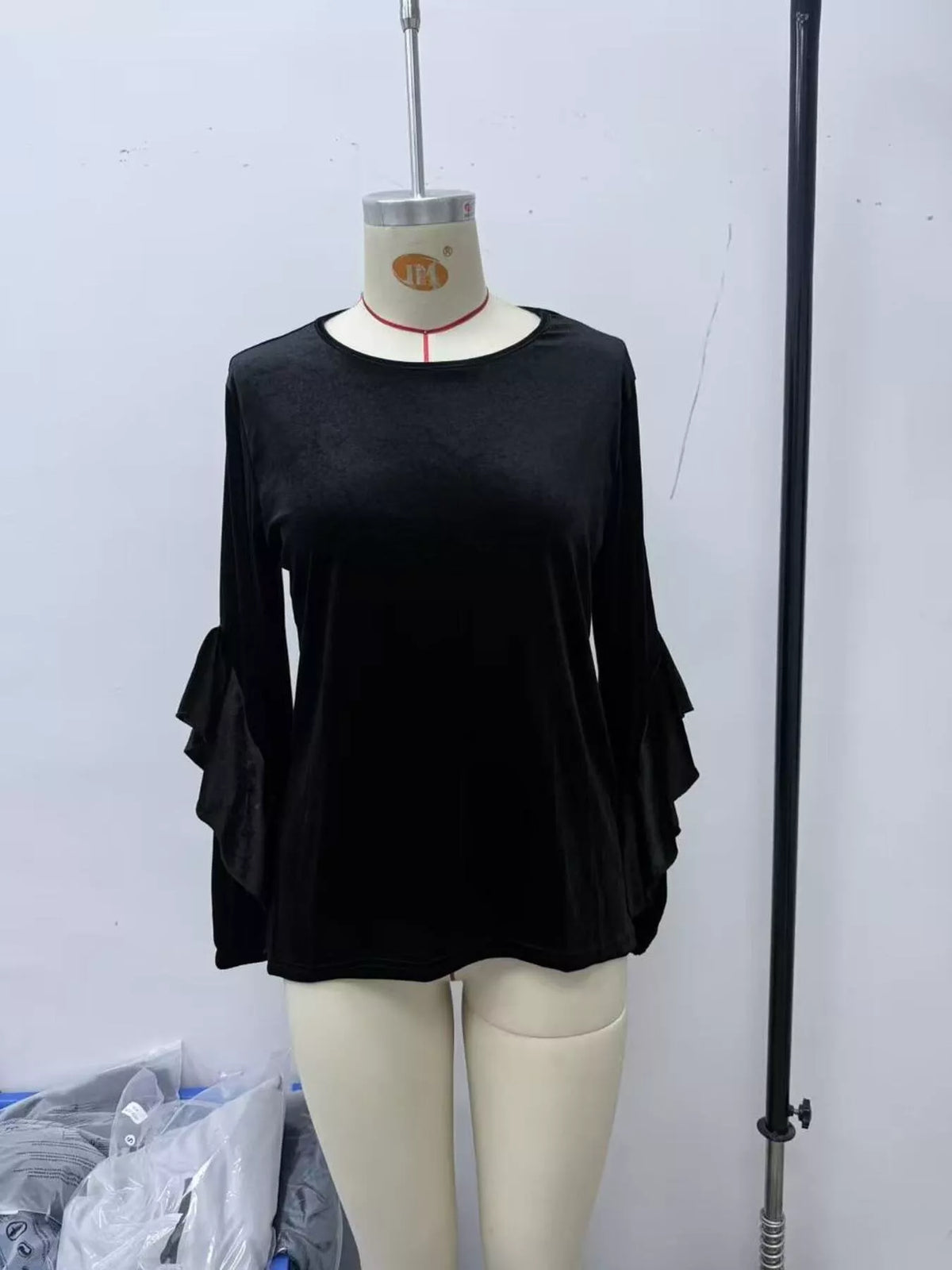 Velvet Round Neck Ruffle Sleeve Top (5)
