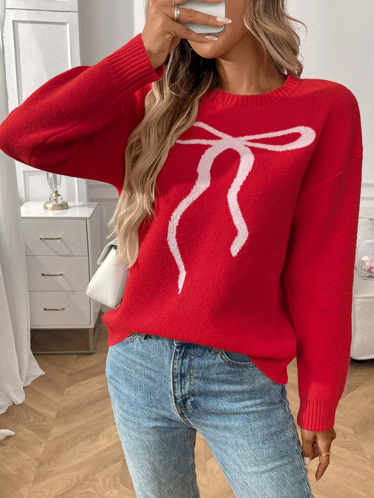 Bow Round Neck Long Sleeve Sweater (3)