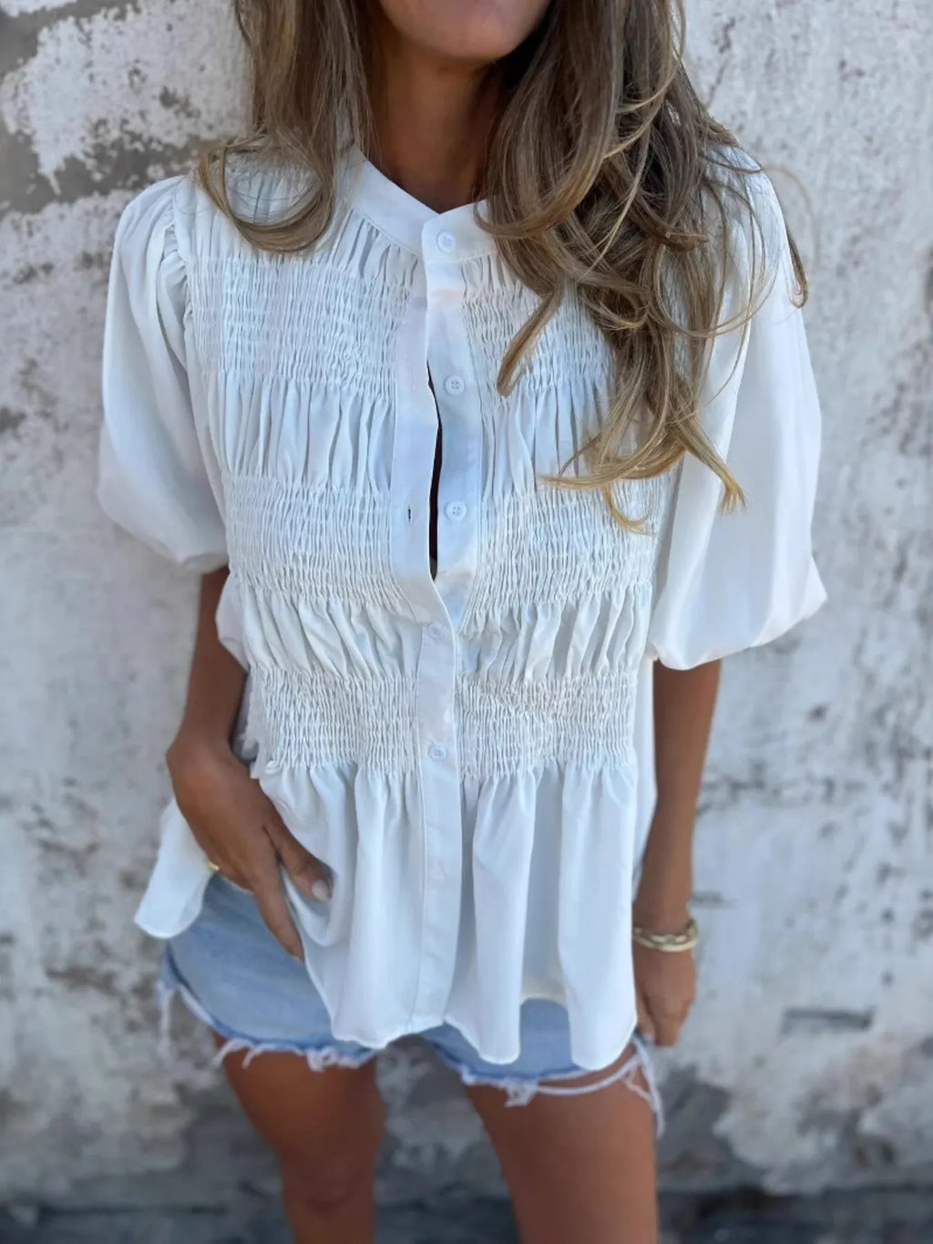 Full Size Smocked Button Front Puff Sleeve Shirt Plus