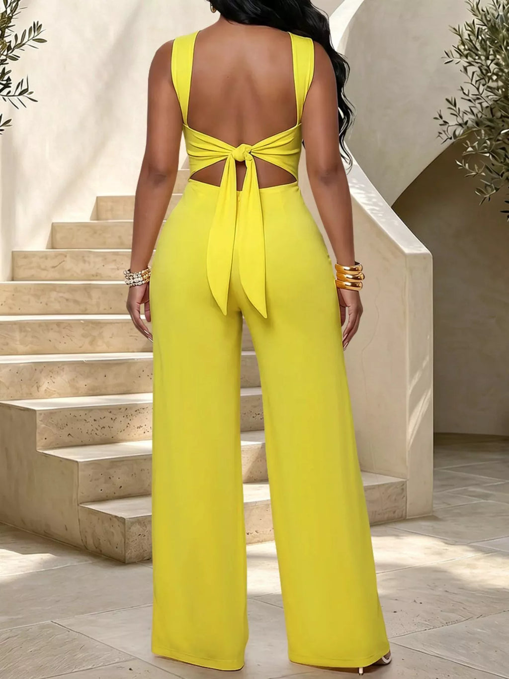 Backless Twist Top Wide-leg Pants Set (2)