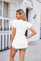 Buttoned V-neck Ruffle Trim Top (12)