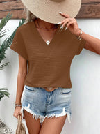 Textured Solid Color Short Sleeve Top (29)