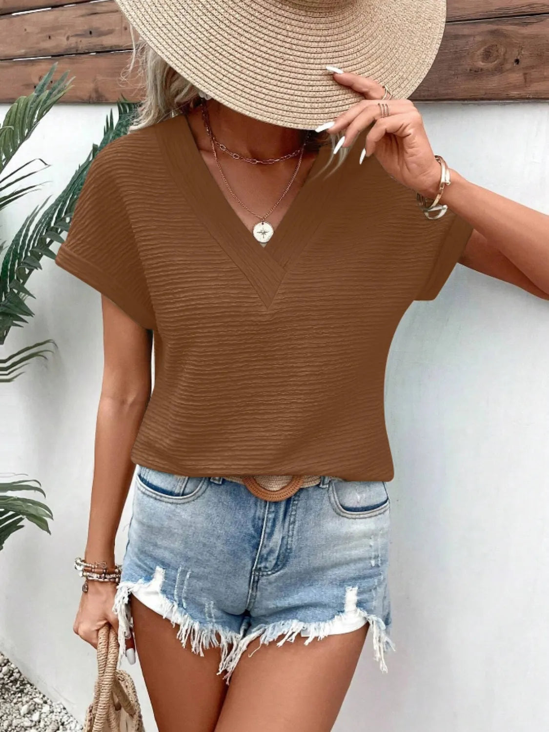 Textured Solid Color Short Sleeve Top (29)