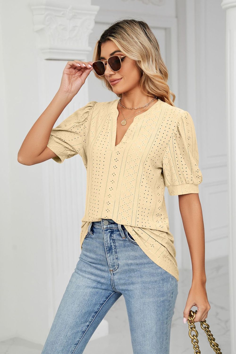 Eyelet Short Puff Sleeve Notched Neck Top (24)