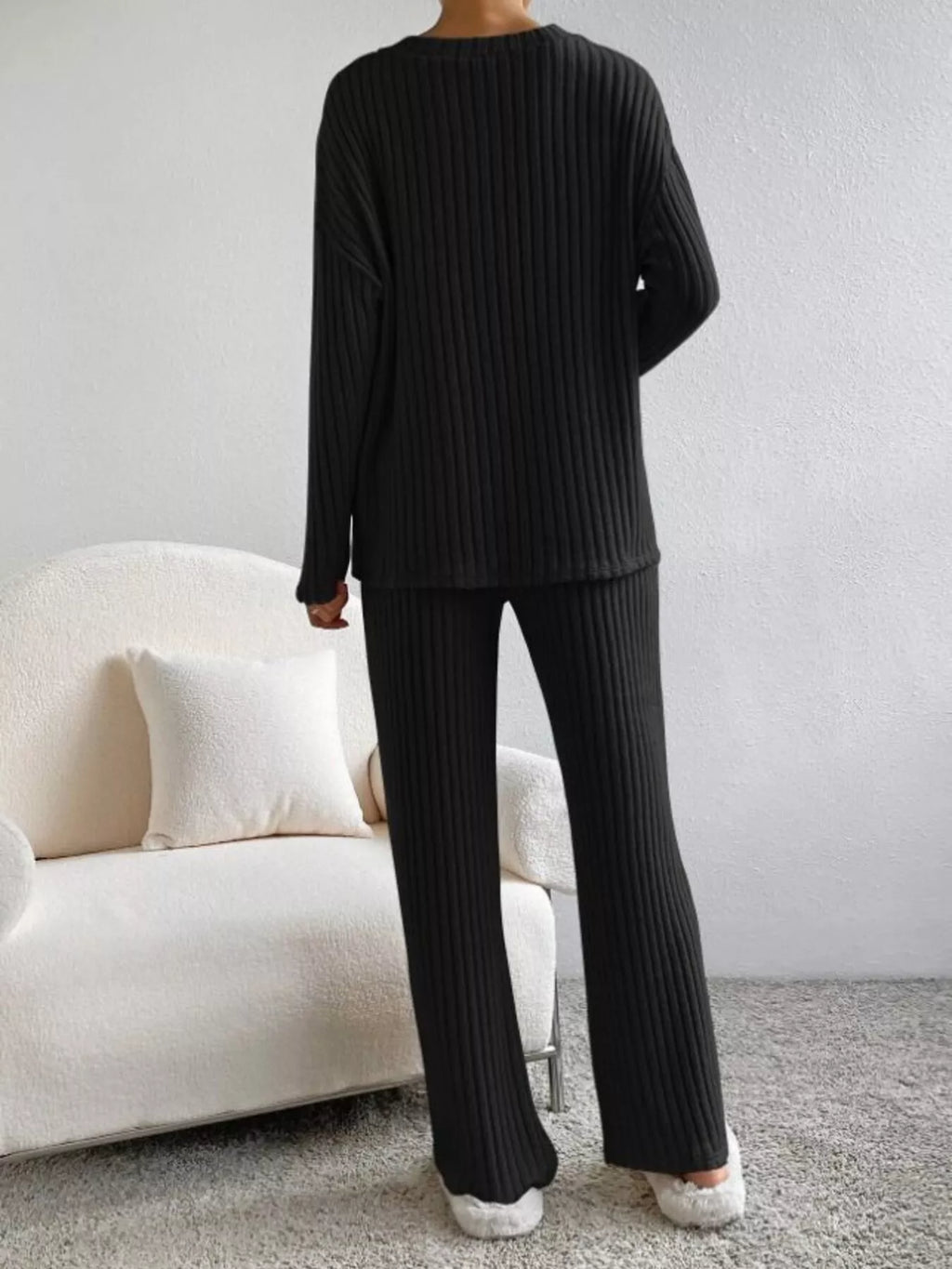 Ribbed Knit V-neck Top Pants Set (10)