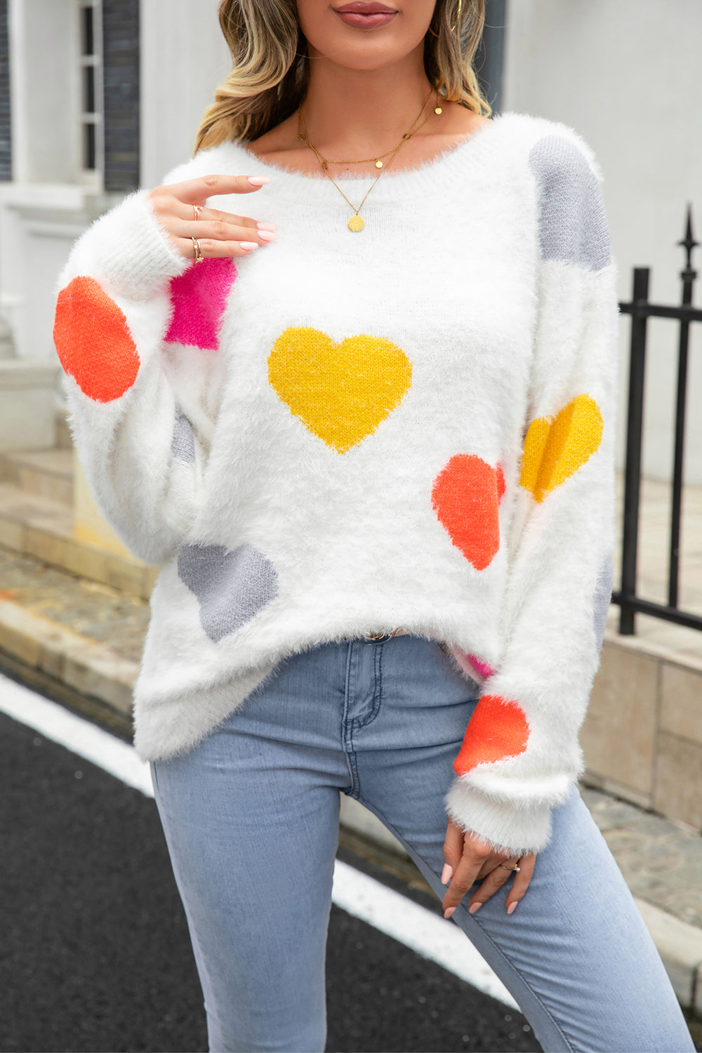 Heart Pattern Round Neck Long Sleeve Sweater (9)