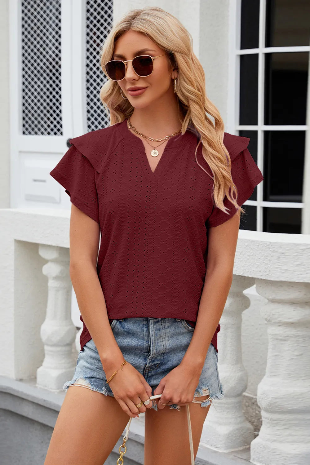 Eyelet Notched Short Sleeve T-shirt (10)