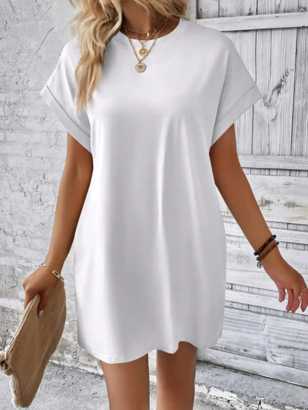 Round Neck Short Sleeve Mini Tee Dress Pockets (4)
