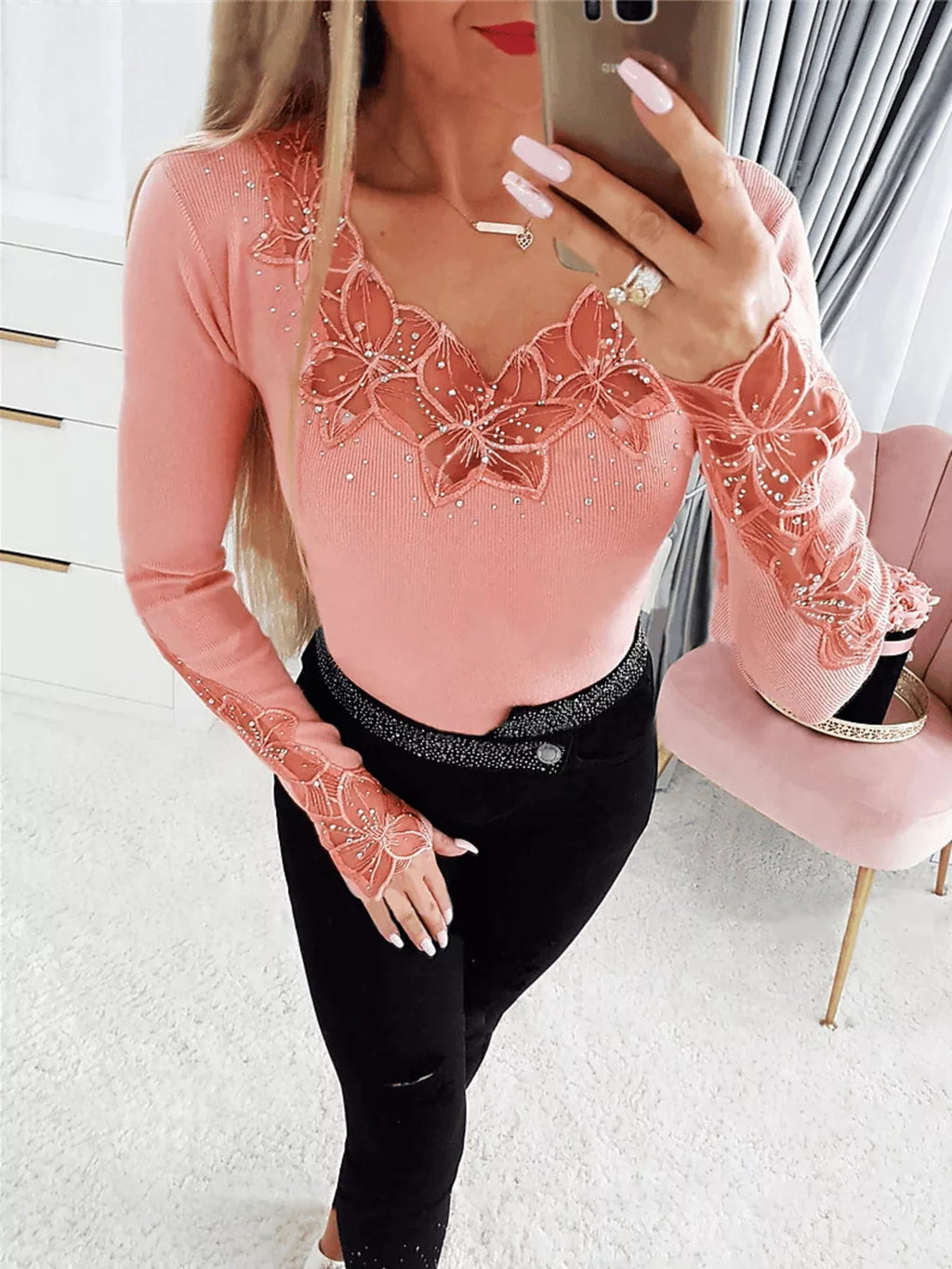 Elegant Lace Trim Long Sleeve Top (12)