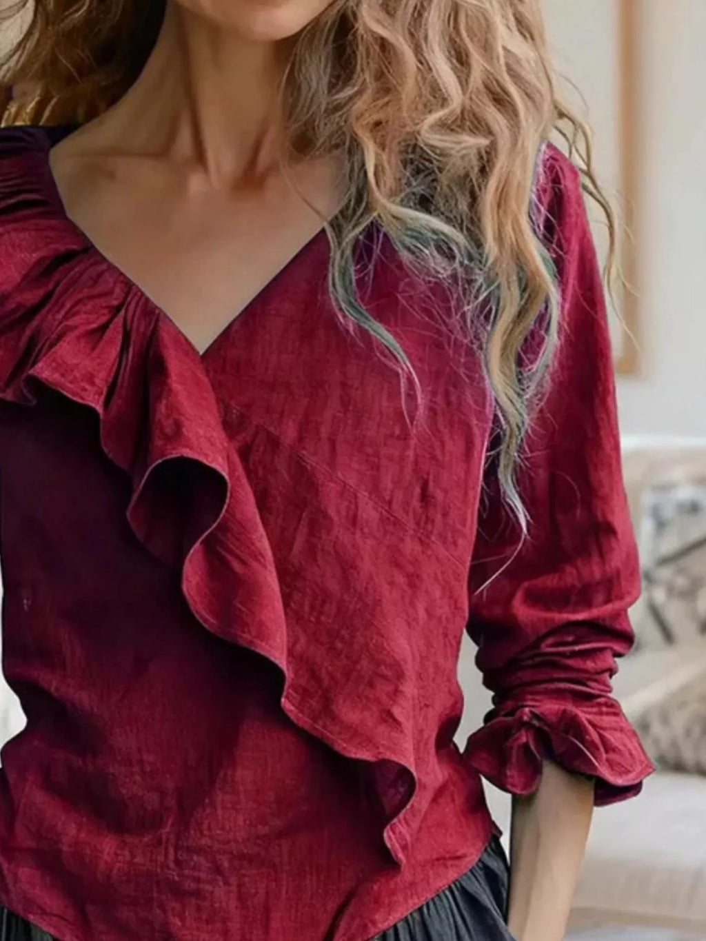 V-neck Ruffled Long Sleeve Blouse (9)