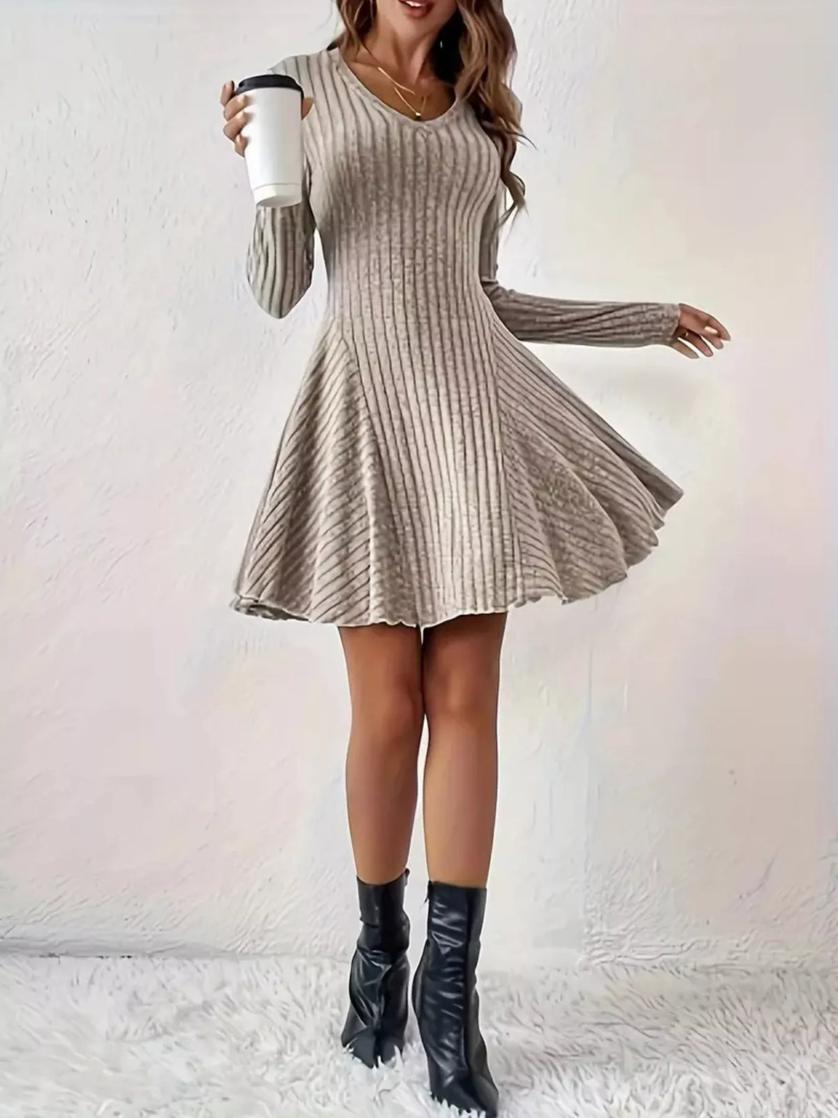 V-neck Ribbed Knit A-line Dress (11)