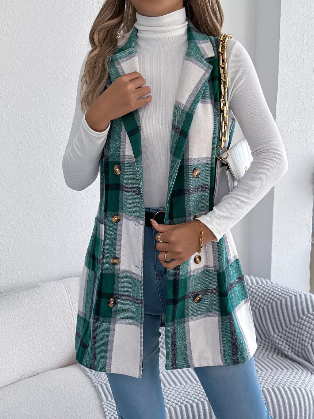 Plaid Double-breasted Vest Coat (11)