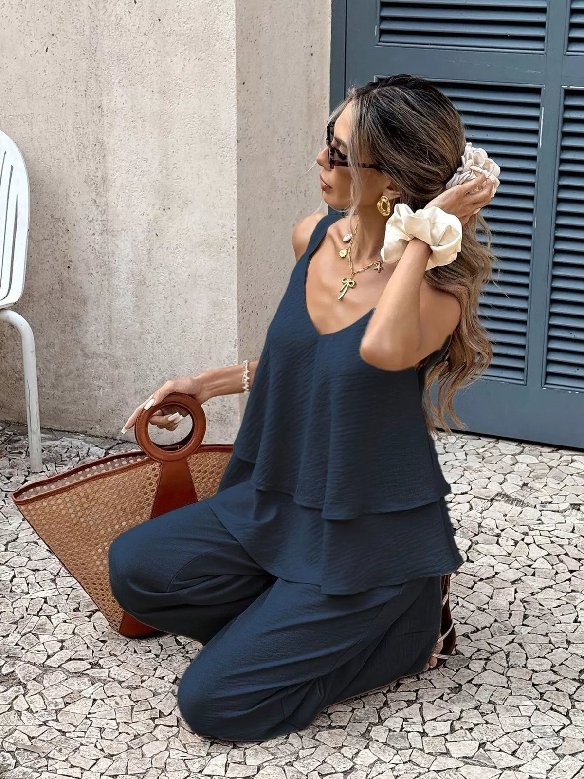 V-neck Top Wide-leg Pants Set (11)