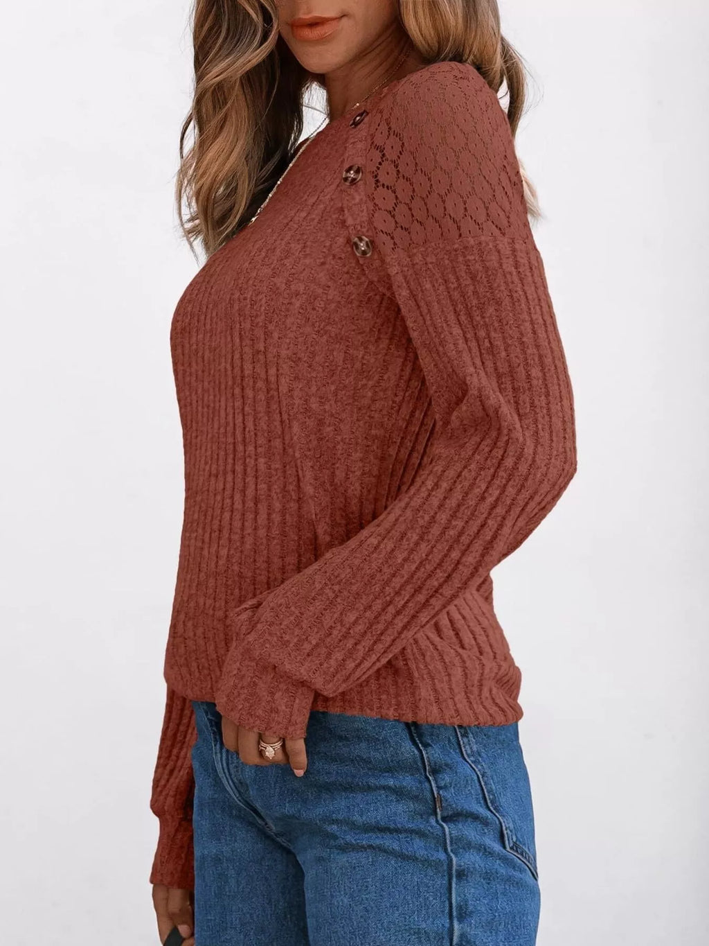 Ribbed Knit T-shirt Lace Shoulder Detail (22)