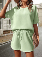 Waffle-knit Half Sleeve Top Shorts Set (31)
