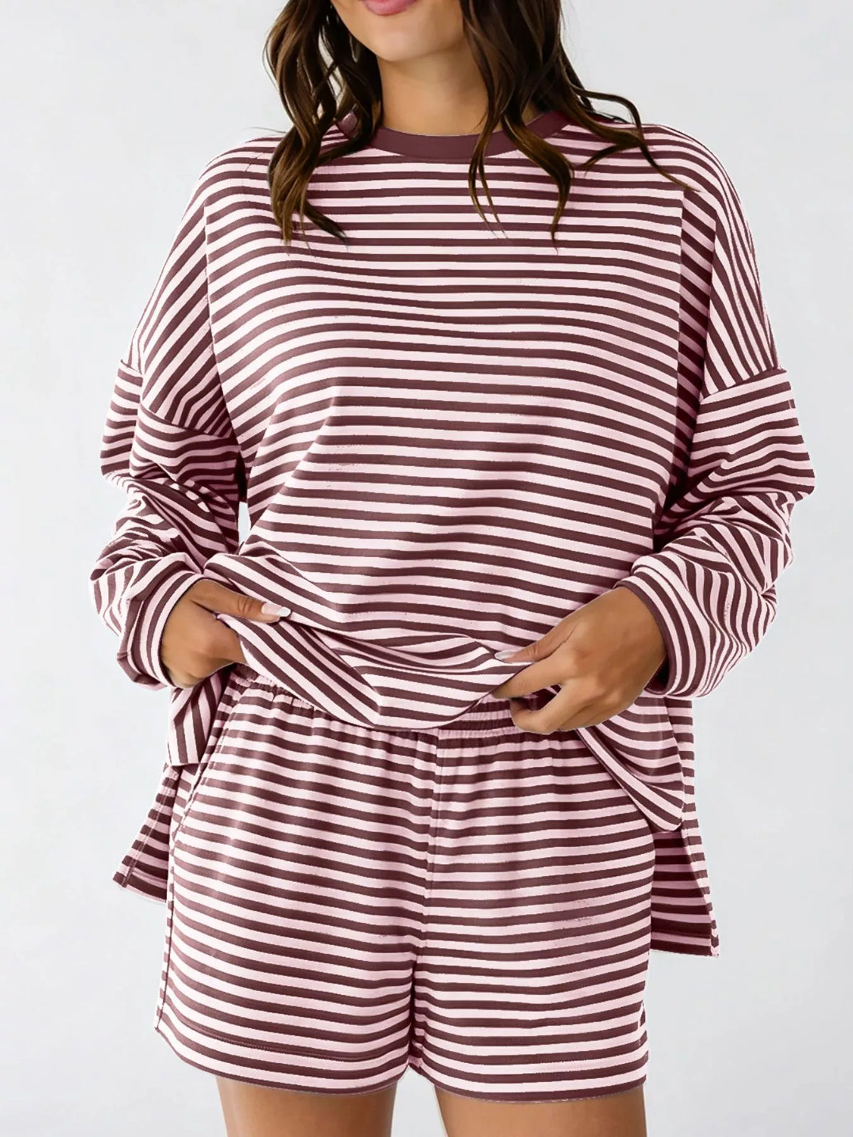 Casual Striped Long Sleeve Top Shorts Set (6)