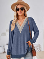 Crochet Contrast V-neck Long Sleeve Slit T-shirt (5)