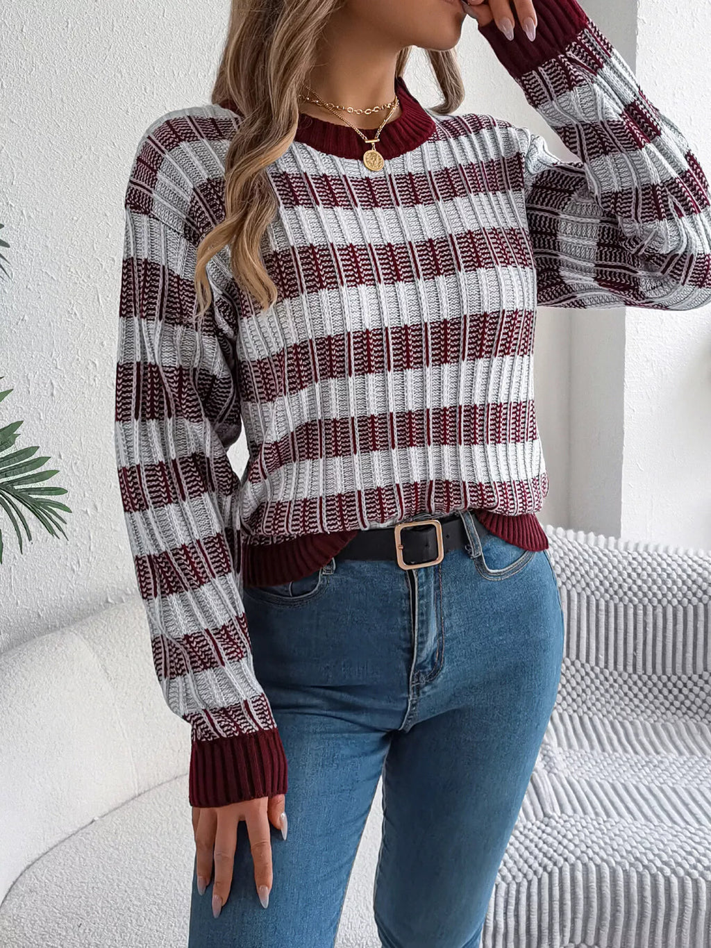 Striped Round Neck Long Sleeve Sweater (18)