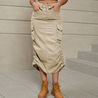 Drawstring Ruched Slit Denim Midi Skirt (7)
