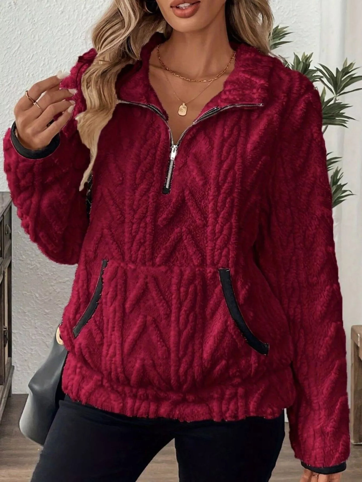 Full Size Half Zip Kangaroo Pocket Sweatshirt Plus (12)