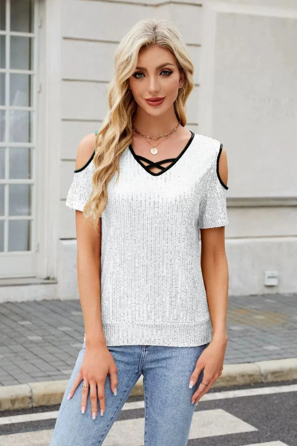 Sequin Crisscross V-neck Cold Shoulder Blouse (7)