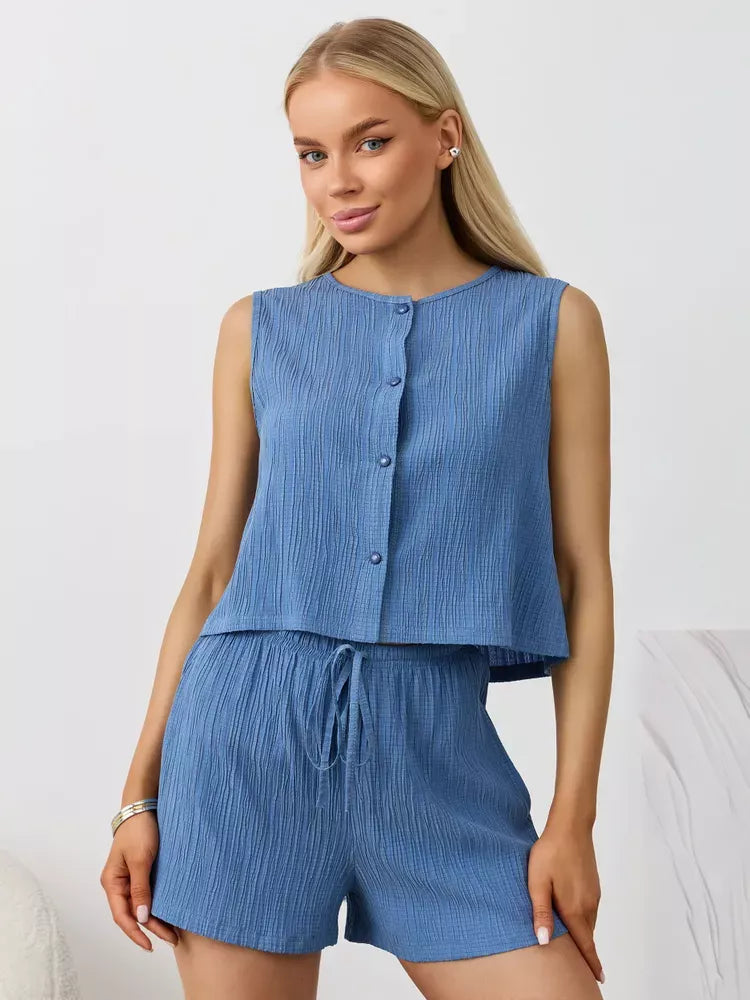 Textured Round Neck Tank Shorts Set (19)