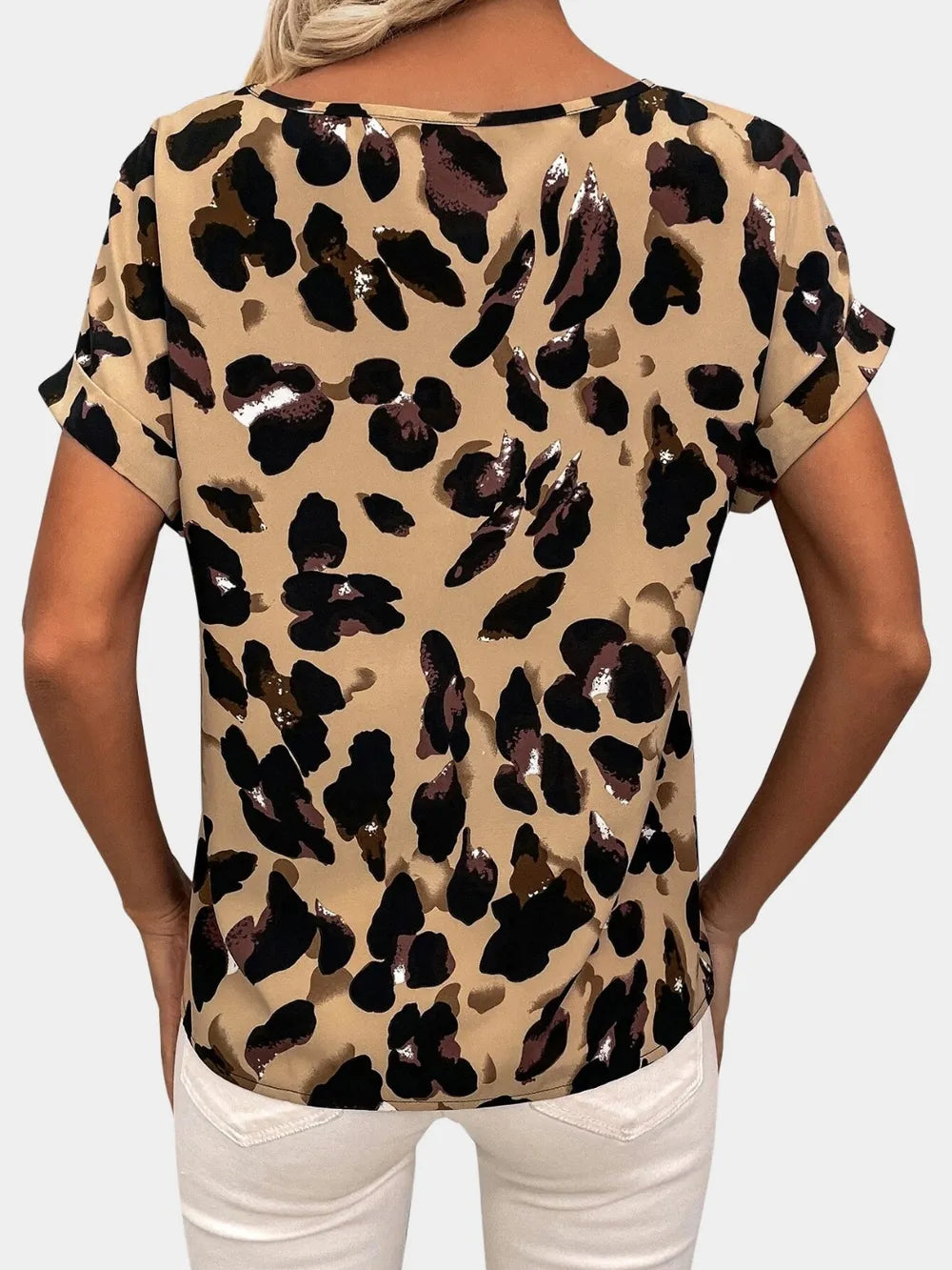 Printed V-neck Short Sleeve Blouse (16)