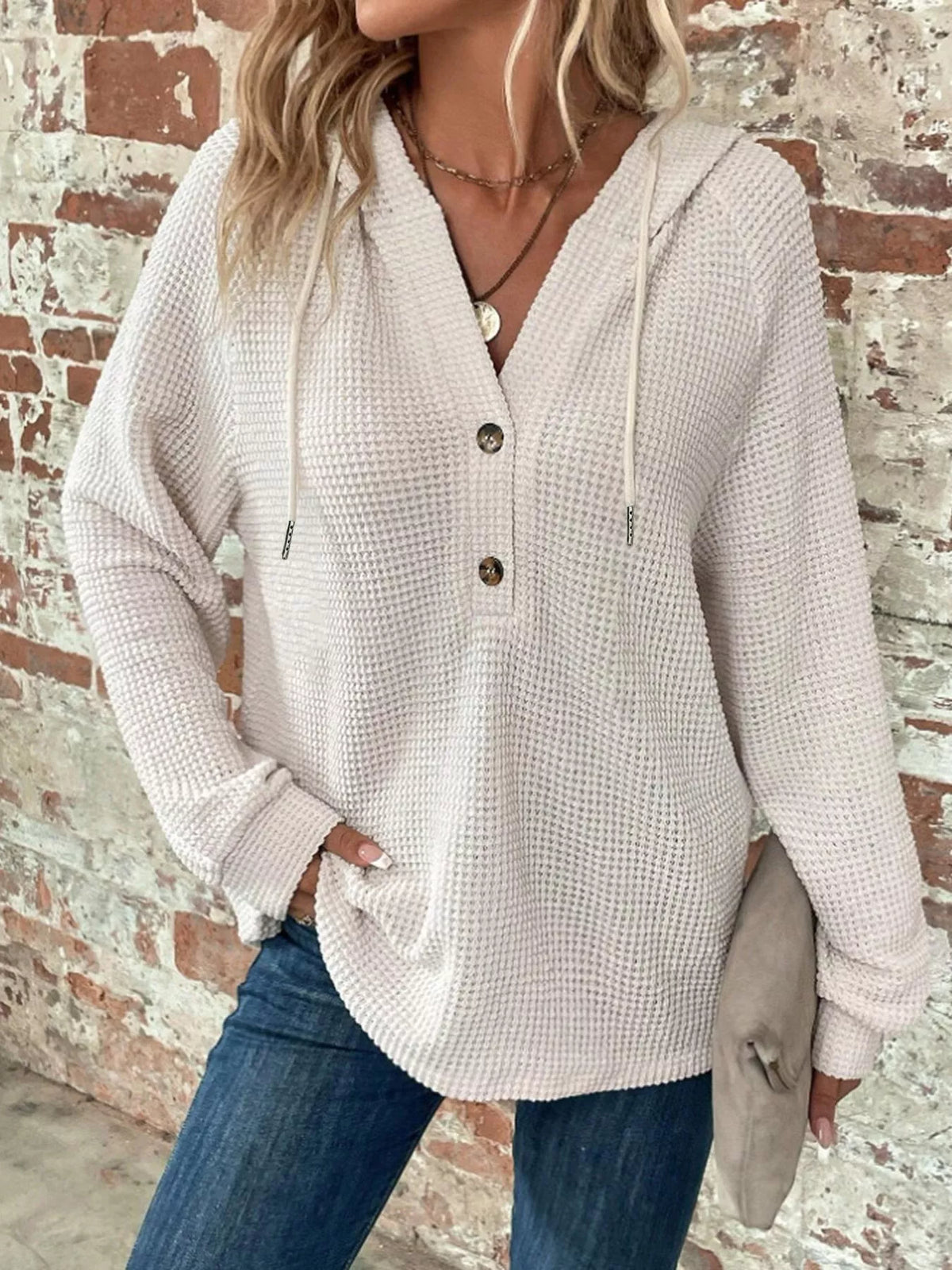 Waffle Knit Button Detail Hoodie (8)