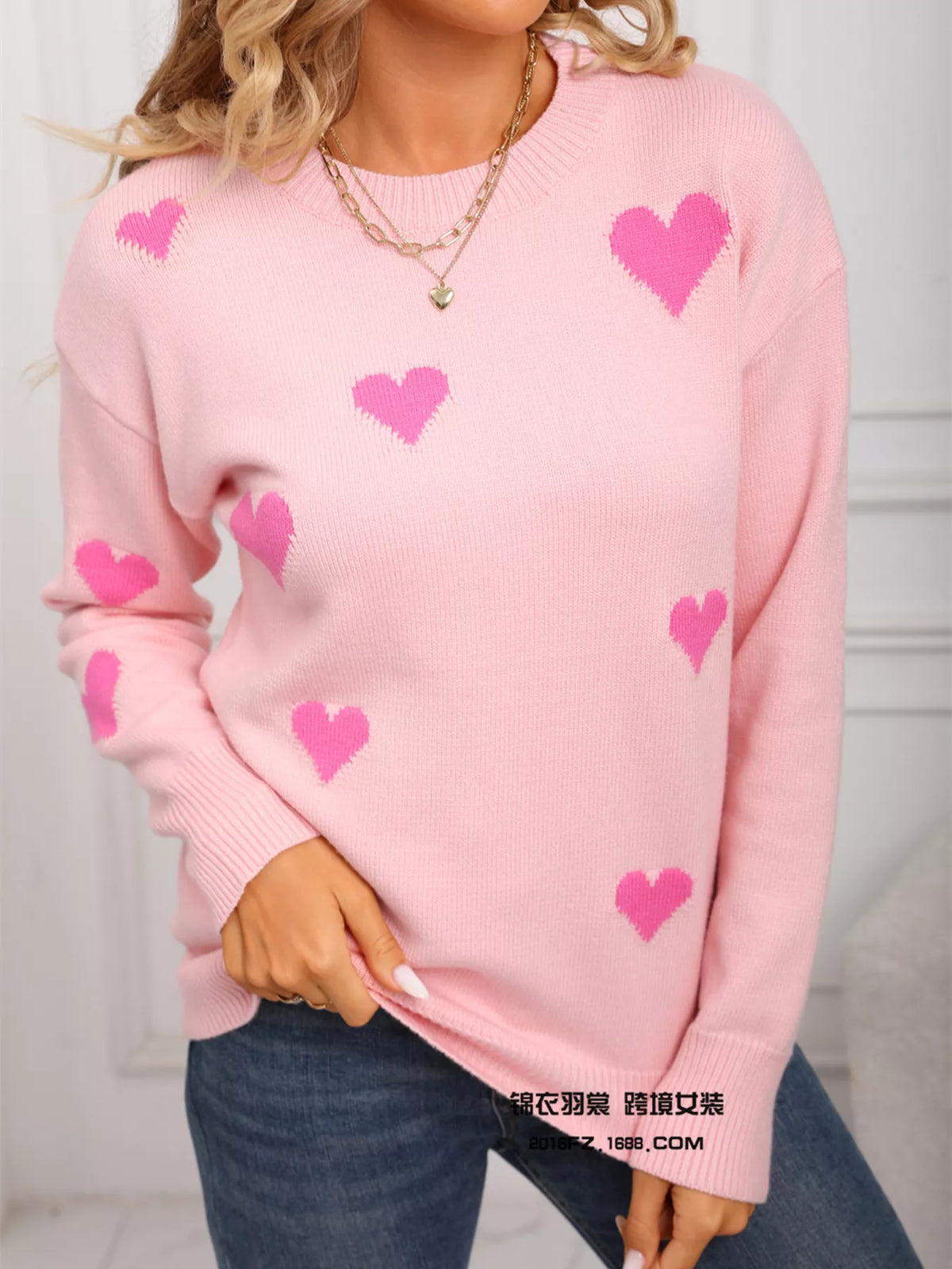 Valentine's Day Heart Print Round Neck Sweater (4)