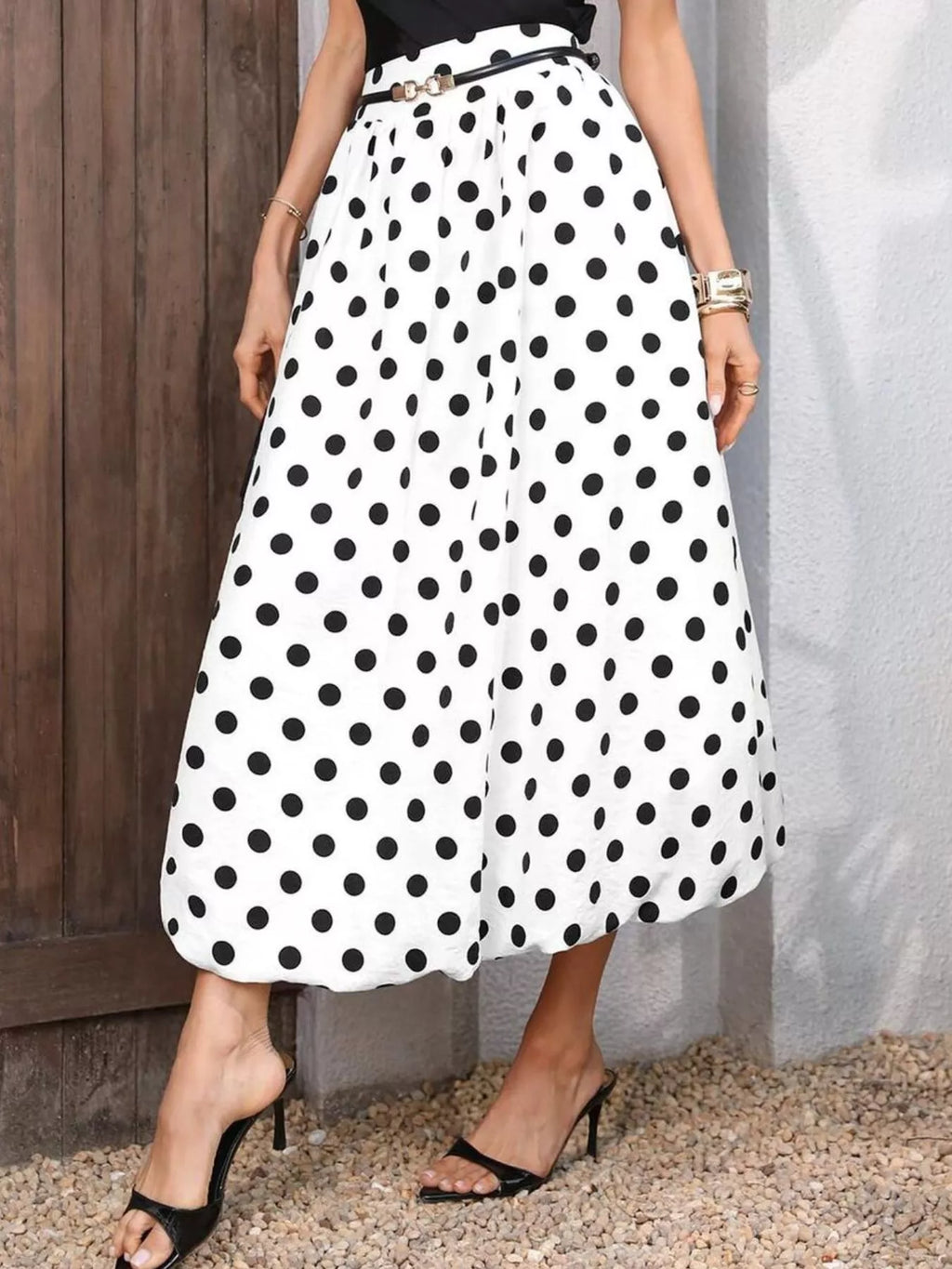 High-waisted Polka Dot A-line Midi Skirt