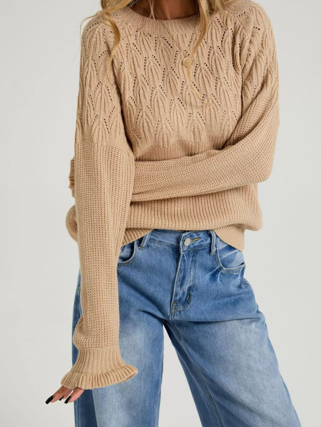 Pointelle Knit Round Neck Sweater (4)