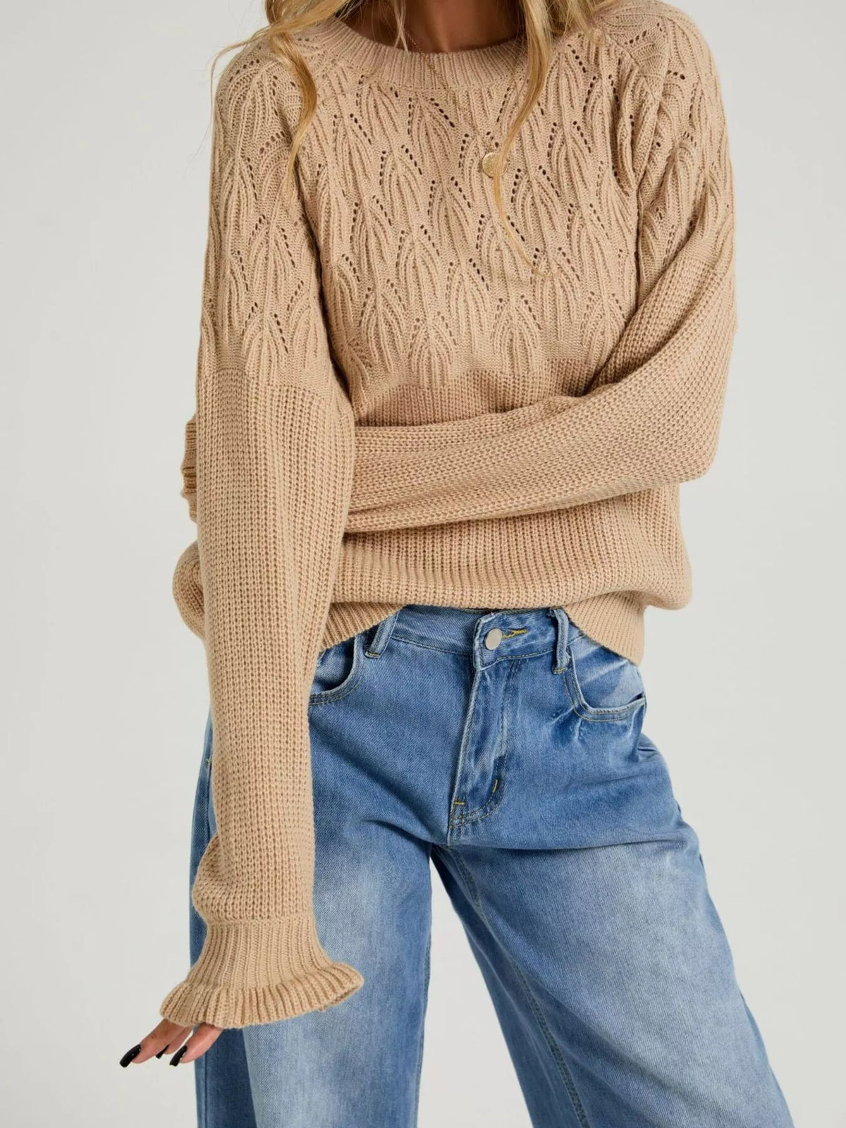 Pointelle Knit Round Neck Sweater (4)