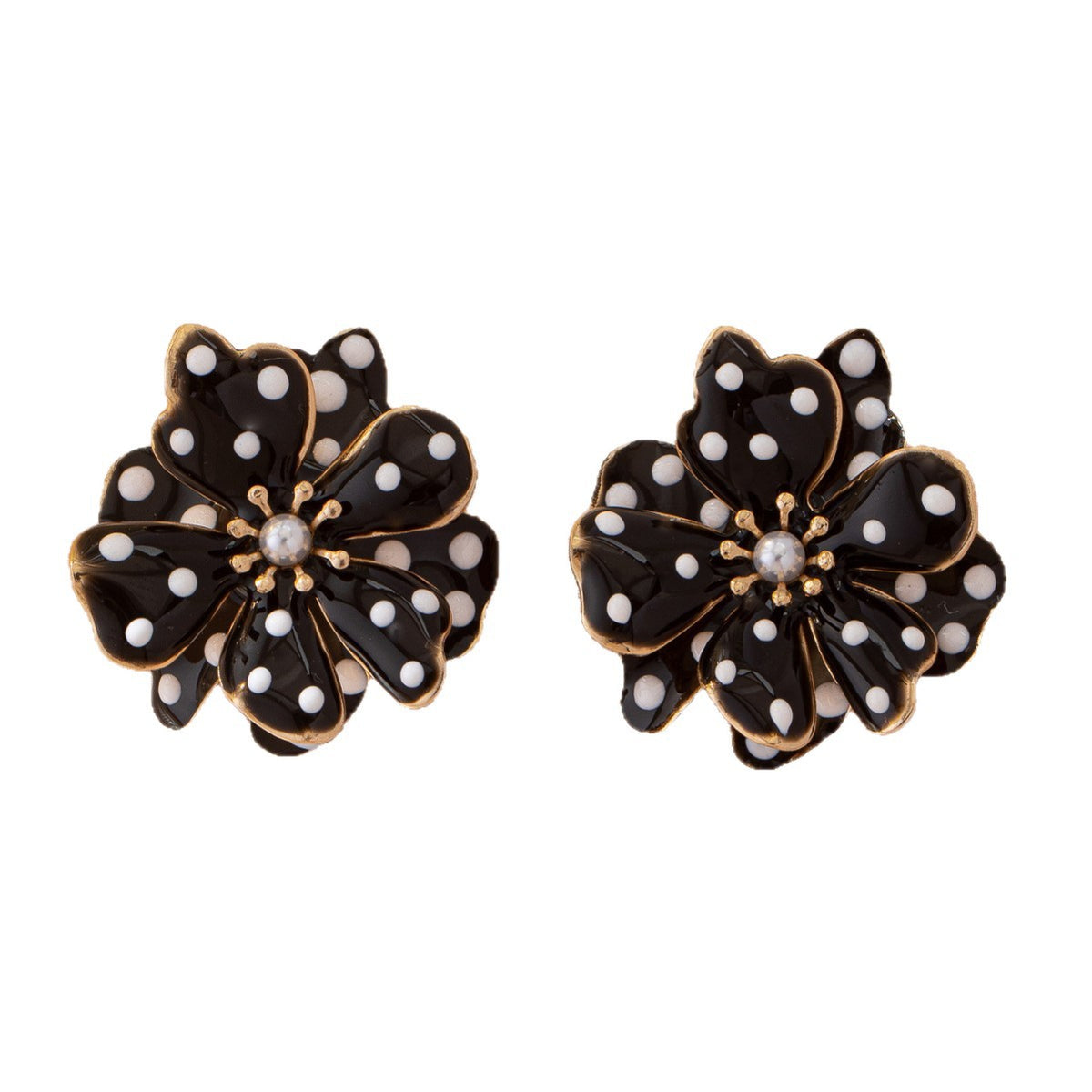 French-style Retro Black White Polka-dot Flower Earrings photo 3