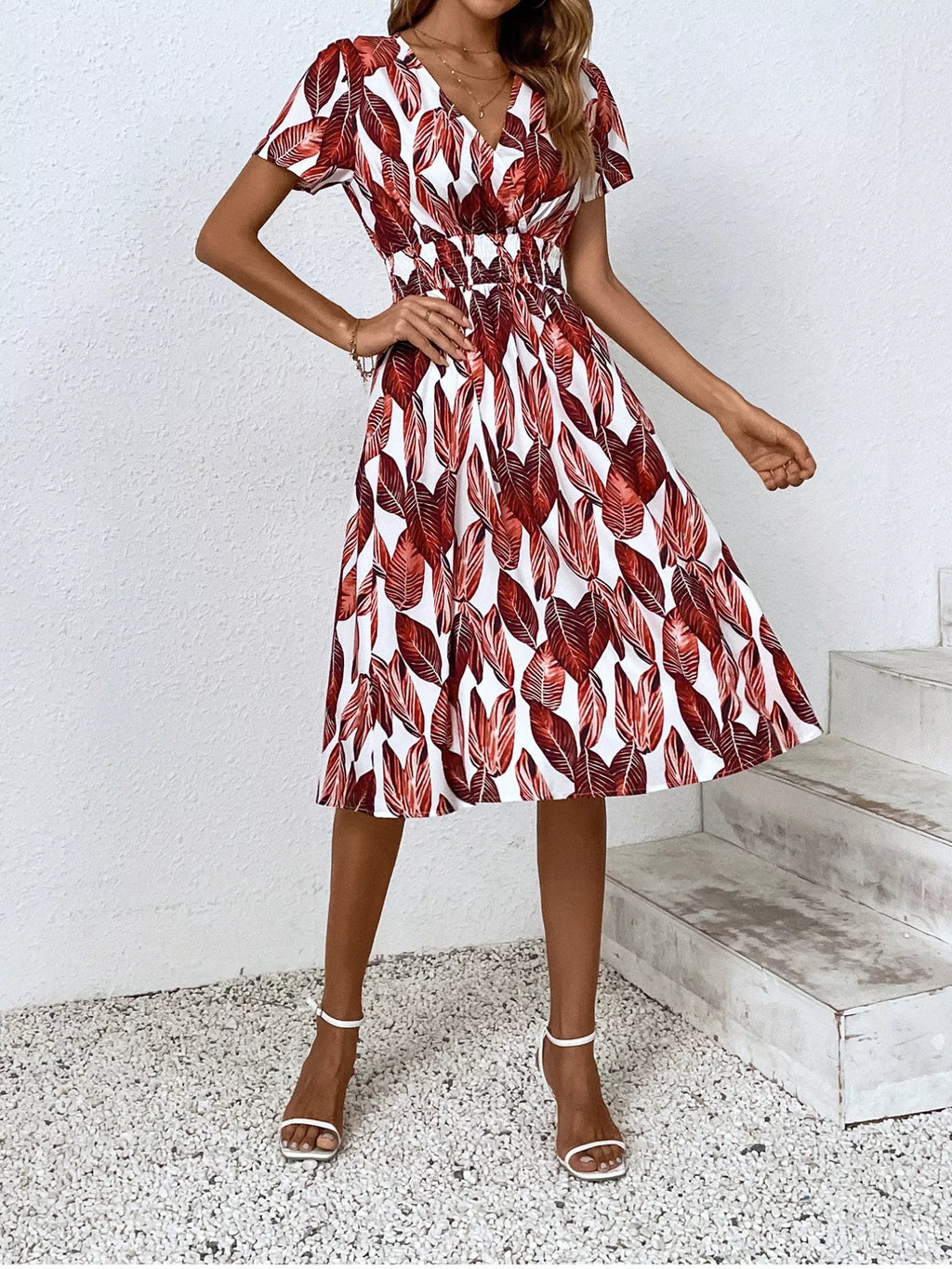 Printed Short Sleeve Midi Dress (26)